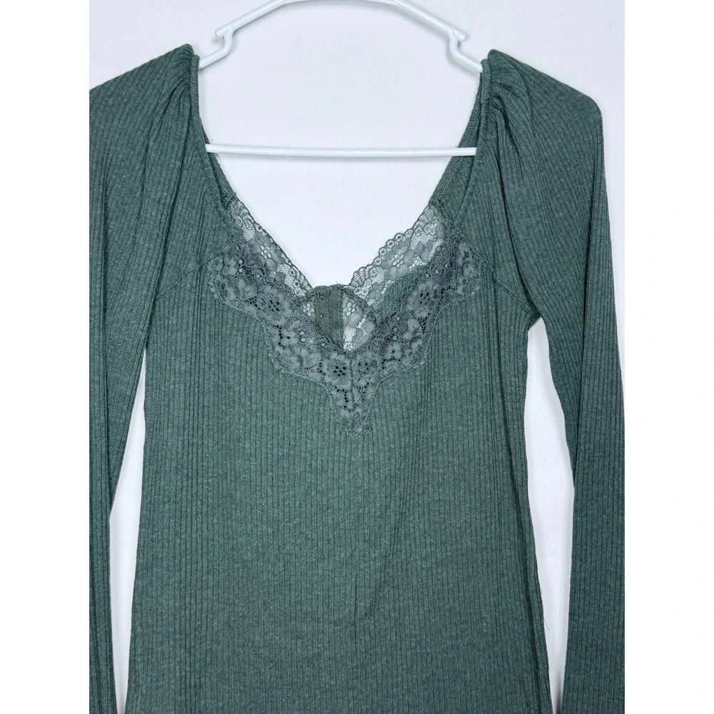Free People To The West Ribbed Top Fairy Grunge Lace Henley Boho Sage Green M